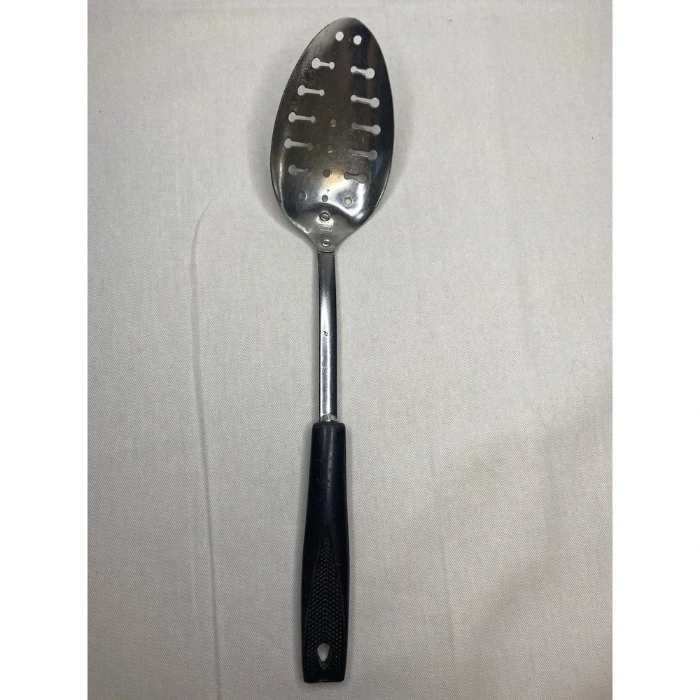 Vintage EKCO Slotted Spoon Chromium Plated Black Handle Made in USA 11 Inch‎